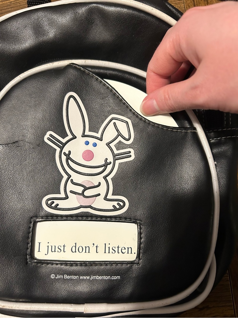 Black Happy Bunny Backpack with 4 Interchangeable Playful Slogan - Picture 2 of 13